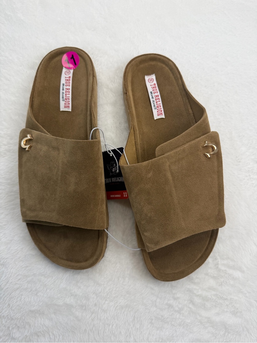 True Religion Brown Suede Slide Mules with Gold Logo